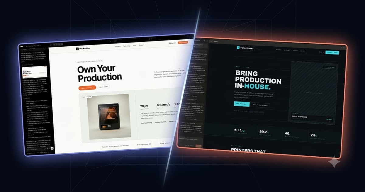 Vercel v0 and Claude Design interfaces side by side, generating the same landing page